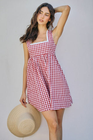 The Reine Gingham Lace-Trim Cotton Tie-Back Dress