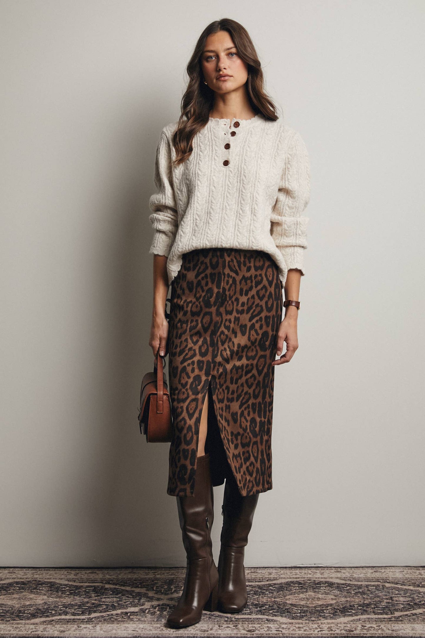 Father Figure Leopard Print Front Slit Midi Skirt