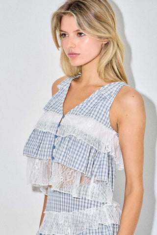 Cottagecore Blue Gingham Tiered Lace Cami Top