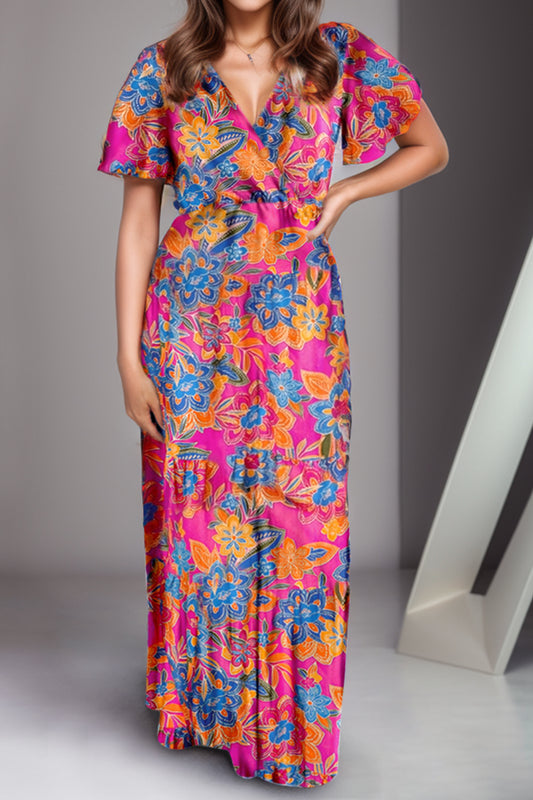 She's In Control Printed Surplice Short Sleeve Maxi Dress