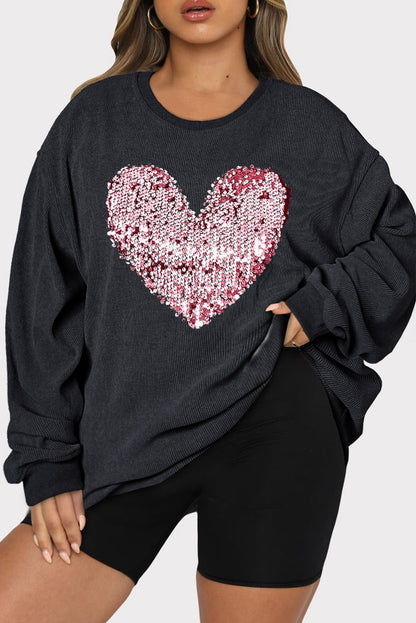 Love Me Plus Size Heart Sequin Round Neck Sweatshirt