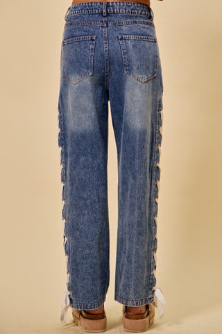Mid Rise Straight Leg Denim Jeans with Side Lace-Up Detail