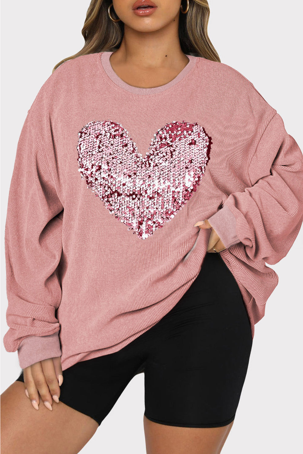 Love Me Plus Size Heart Sequin Round Neck Sweatshirt