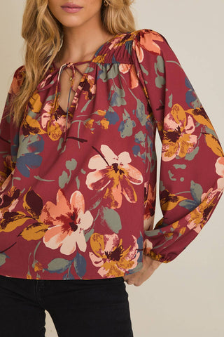 Adore You V-NECK FRONT TIE LONG SLEEVE FLORAL TOP
