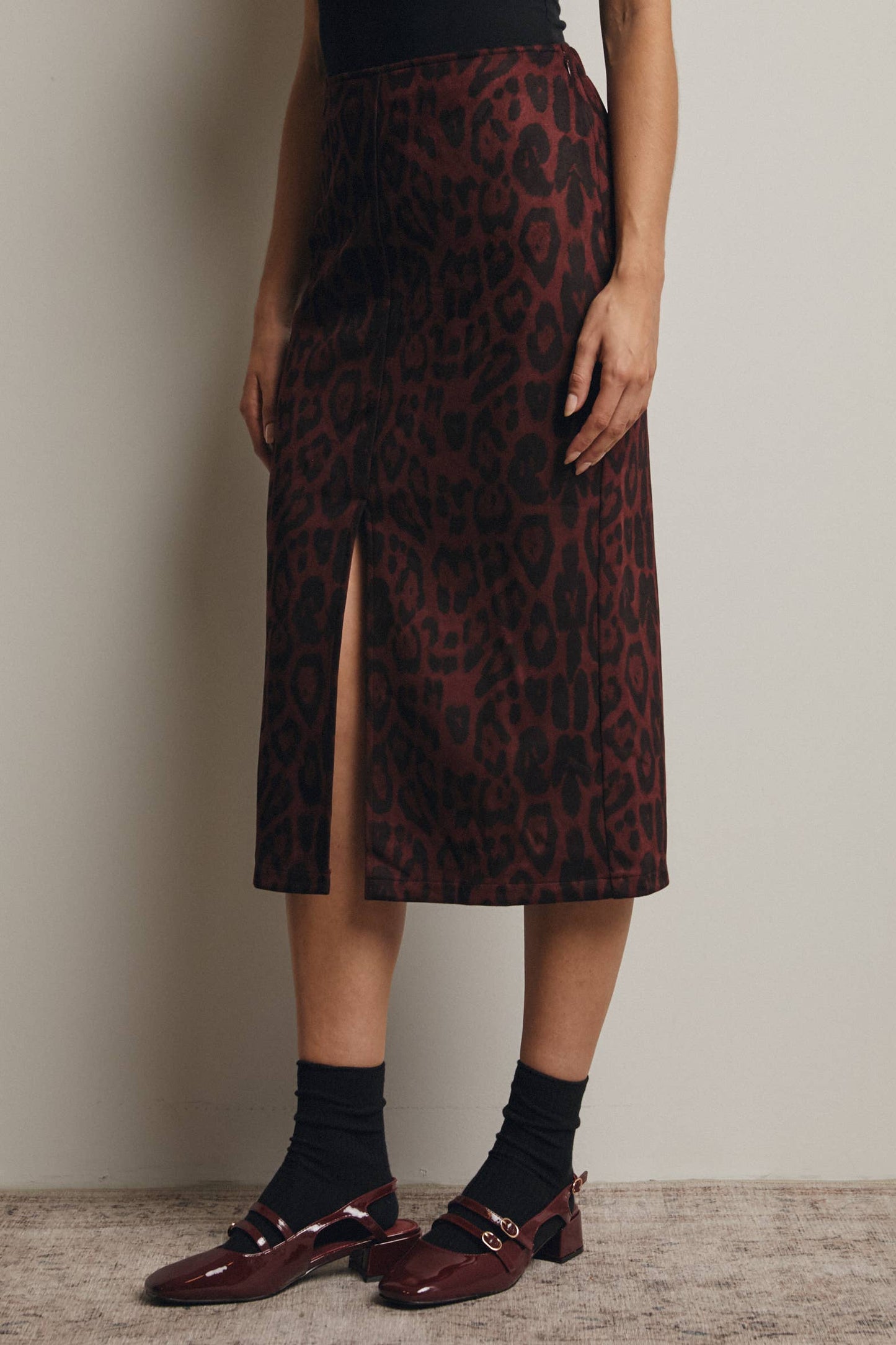 Father Figure Leopard Print Front Slit Midi Skirt