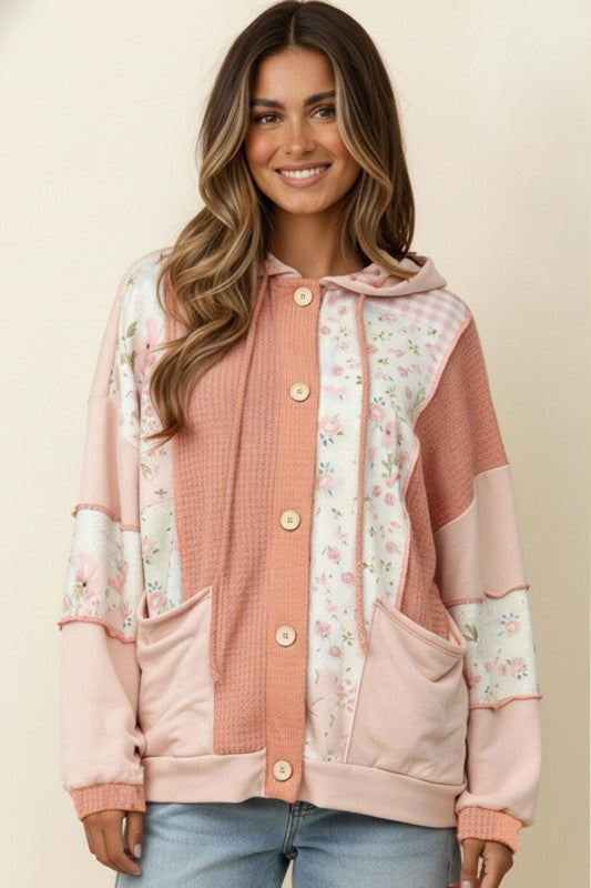 Button Waffle Floral Color Block Top Hoodie Jacket