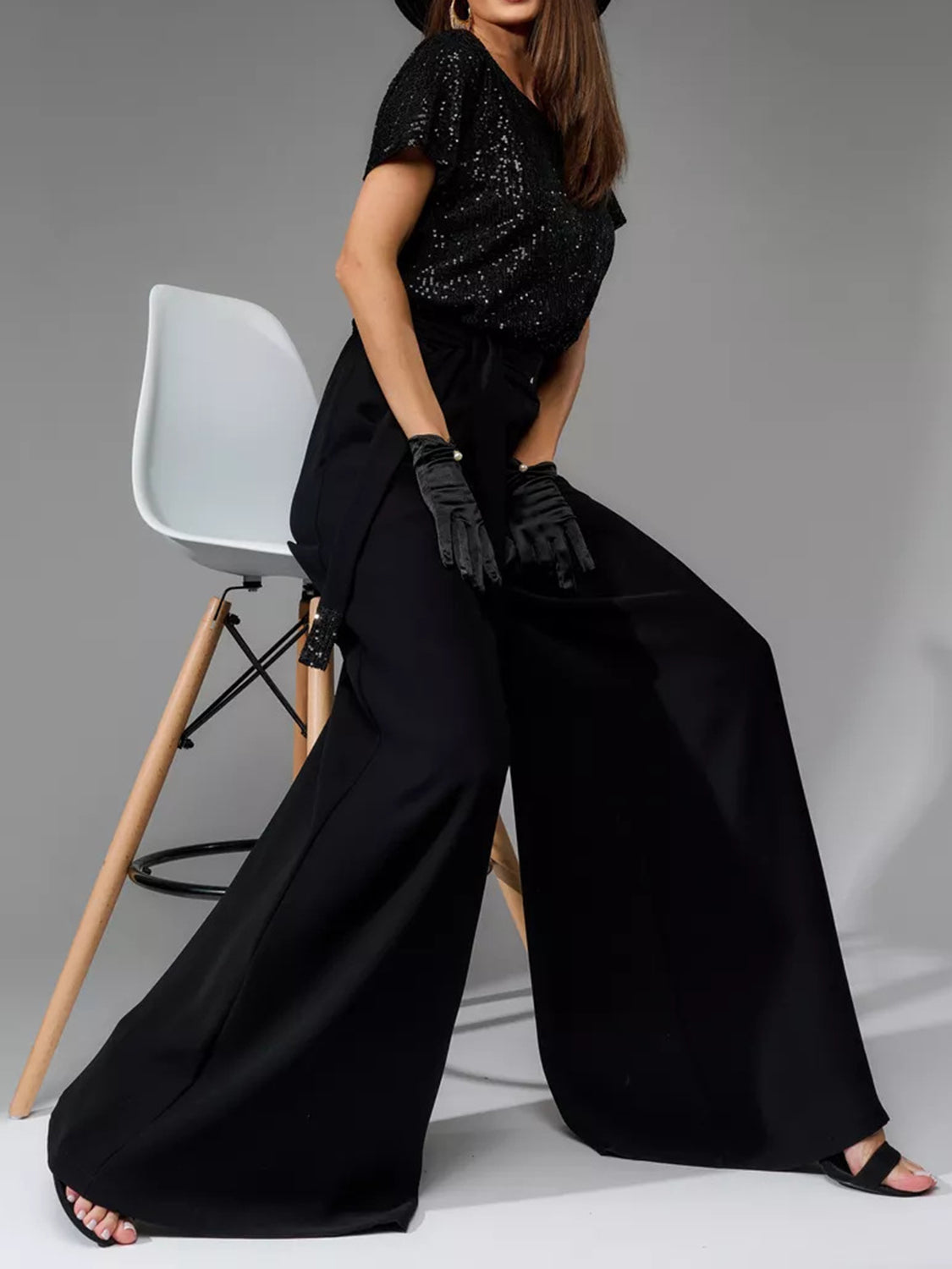 Angel Like Full Size Sequin Round Neck Short Sleeve Wide Leg Jumpsuit