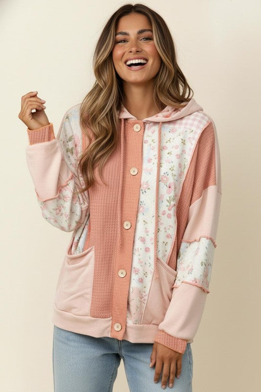 Button Waffle Floral Color Block Top Hoodie Jacket