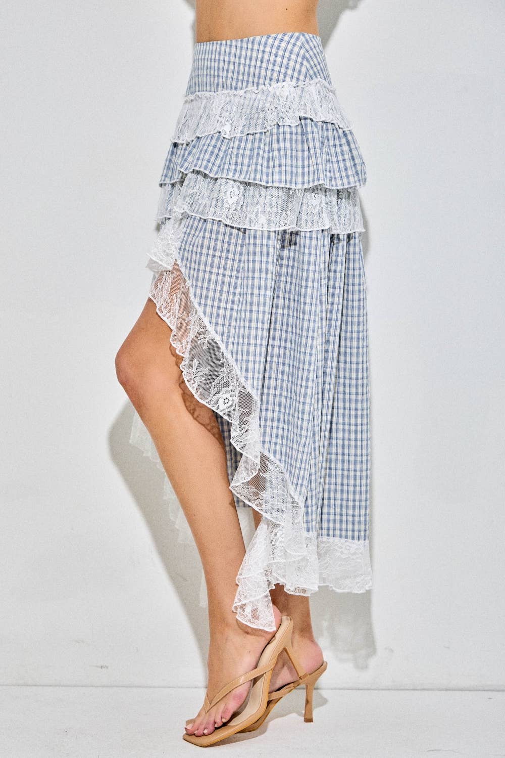 Cottagecore Blue Gingham Tiered Lace High-Low Maxi Skirt