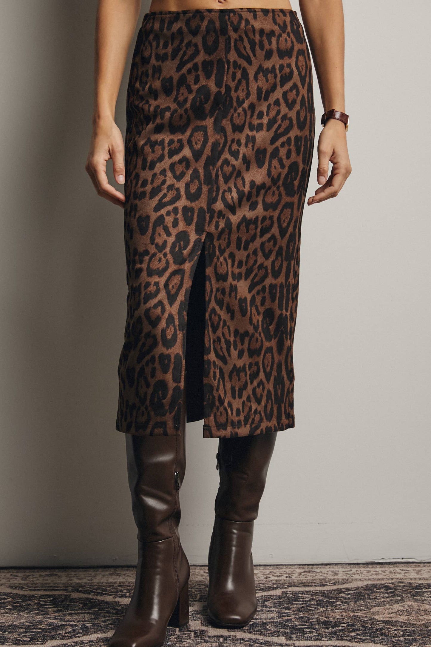 Father Figure Leopard Print Front Slit Midi Skirt