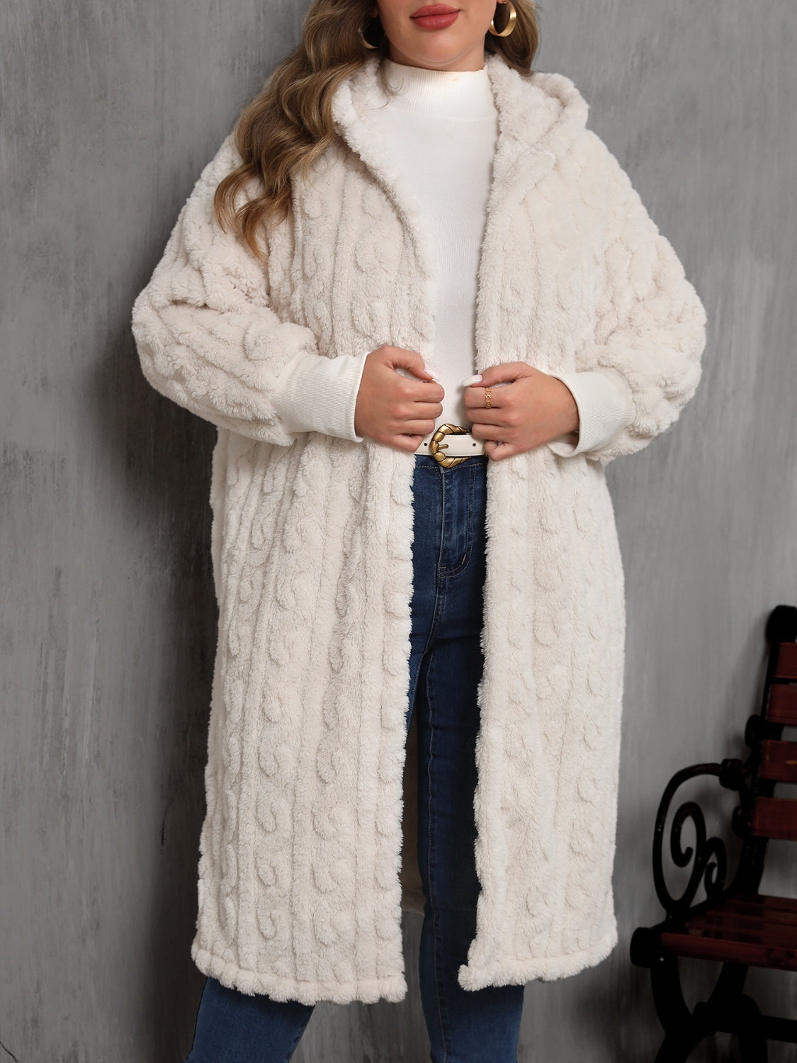 Eggshell Plus Size Open Front Hooded Plush Coat