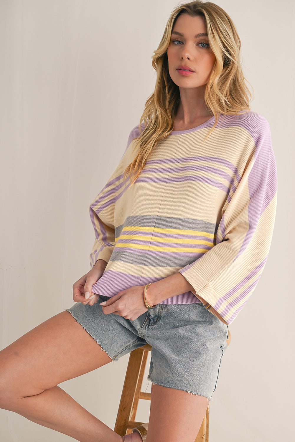 Julie Purple Striped Rib-Knit Cropped Top