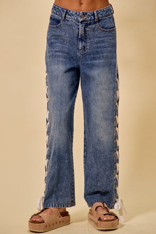 Mid Rise Straight Leg Denim Jeans with Side Lace-Up Detail