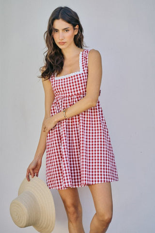 The Reine Gingham Lace-Trim Cotton Tie-Back Dress