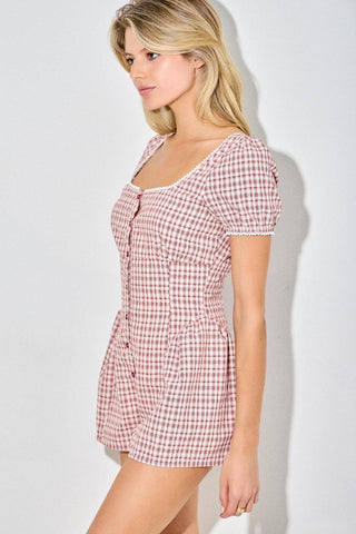 Vintage Gingham Lace Puff Sleeve Romper in Red