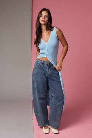 Serene Blue Button-Front Ribbed Midi Dress