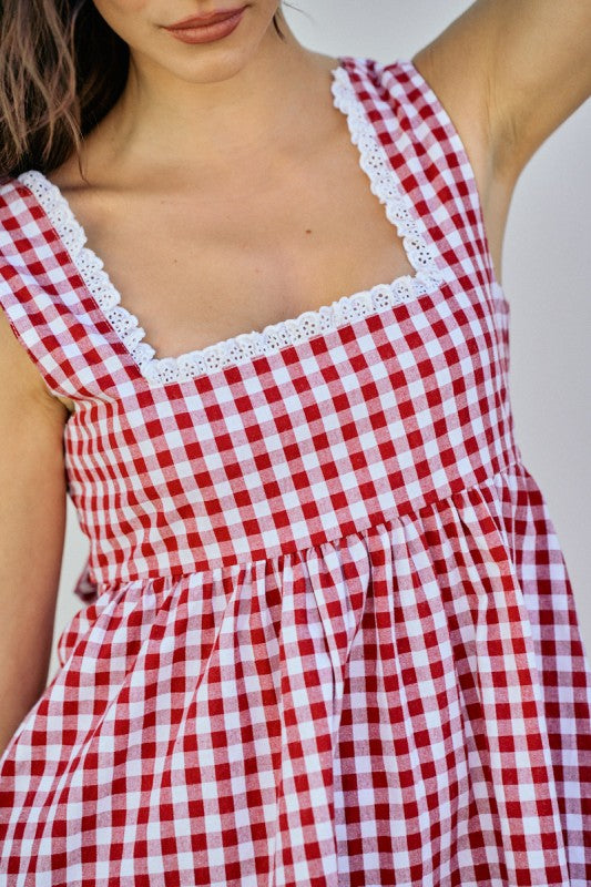 The Reine Gingham Lace-Trim Cotton Tie-Back Dress