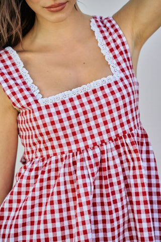 The Reine Gingham Lace-Trim Cotton Tie-Back Dress