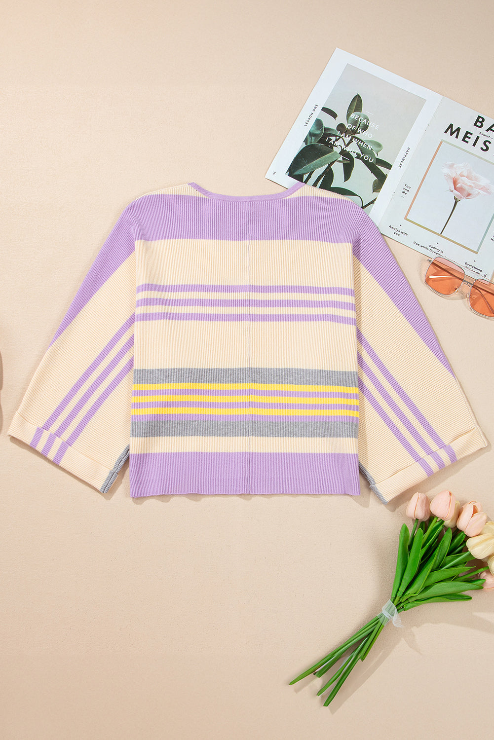 Julie Purple Striped Rib-Knit Cropped Top