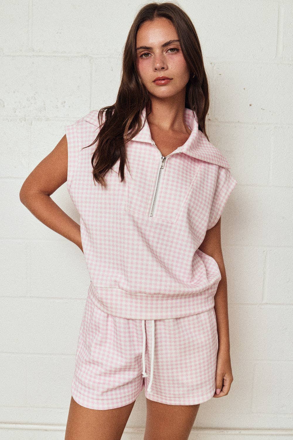 So Easy Gingham Zip Up Top Short Set