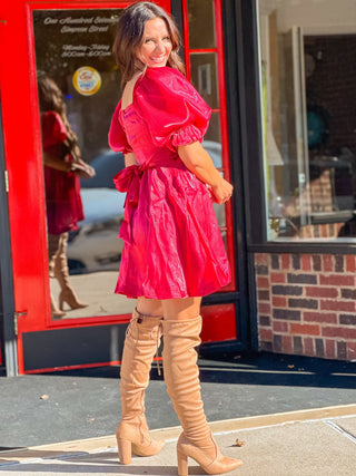 Santa Baby Puff Sleeve Christmas Dress - Burgundy - West Avenue