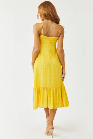 Just The Way You Are Tuscan Yellow Swiss Dot Tie Strap Midi Dress