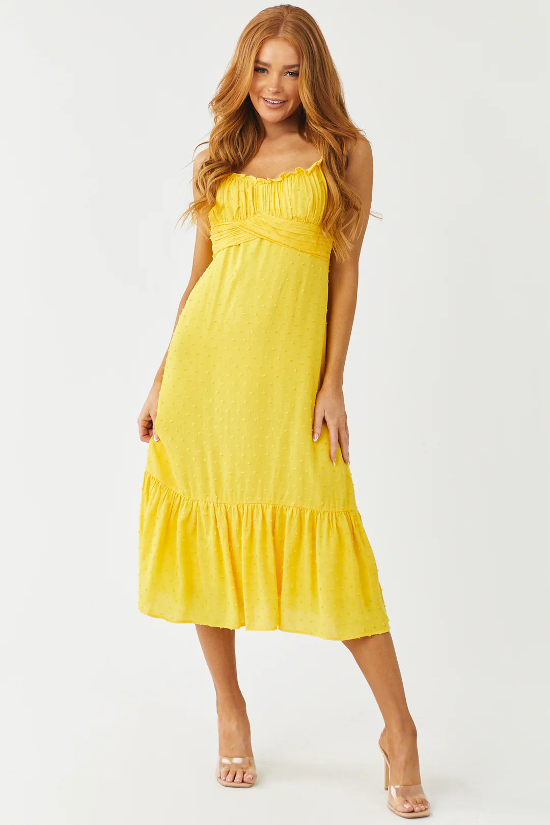 Just The Way You Are Tuscan Yellow Swiss Dot Tie Strap Midi Dress