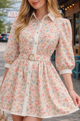 Aurelia Floral Belted Mini Shirtdress | 3/4 Puff Sleeve