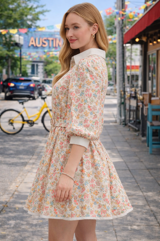 Aurelia Floral Belted Mini Shirtdress | 3/4 Puff Sleeve