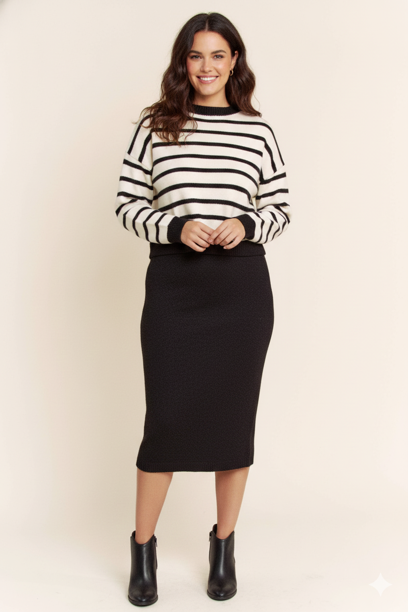 Dancing With A Stranger Stripe Sweater Top with a Solid Skirt Set