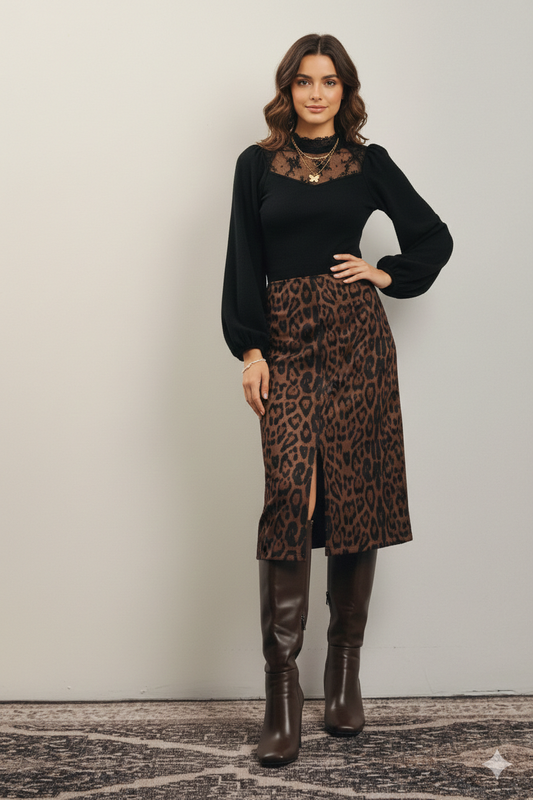 Father Figure Leopard Print Front Slit Midi Skirt