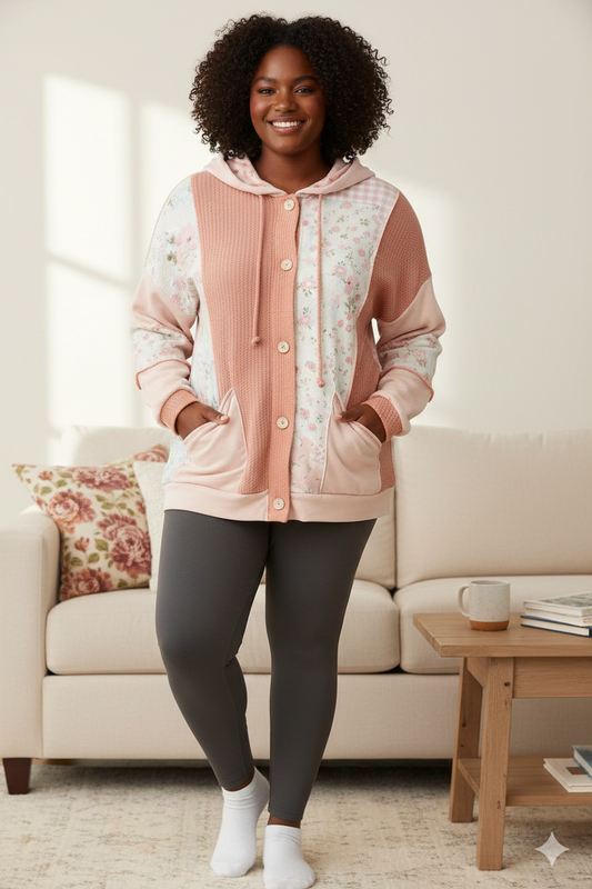 Button Waffle Floral Color Block Top Hoodie Jacket