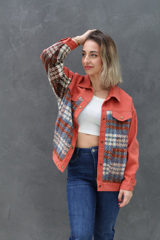 Wish List Plaid Sherpa Denim Jacket In Brick