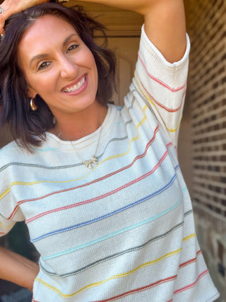Aurora Rainbow Stripe Short Sleeve Knit Sweater