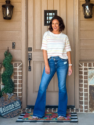 Aurora Rainbow Stripe Short Sleeve Knit Sweater