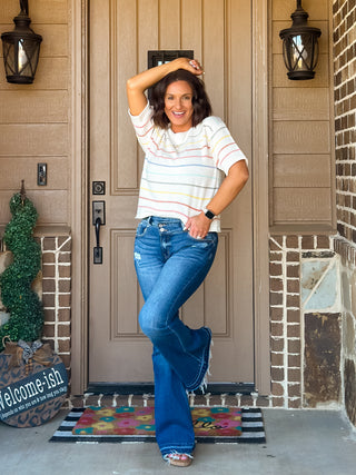 Aurora Rainbow Stripe Short Sleeve Knit Sweater