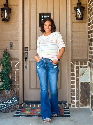 Aurora Rainbow Stripe Short Sleeve Knit Sweater