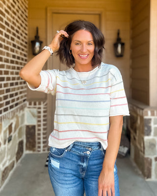 Aurora Rainbow Stripe Short Sleeve Knit Sweater
