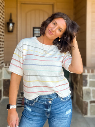 Aurora Rainbow Stripe Short Sleeve Knit Sweater
