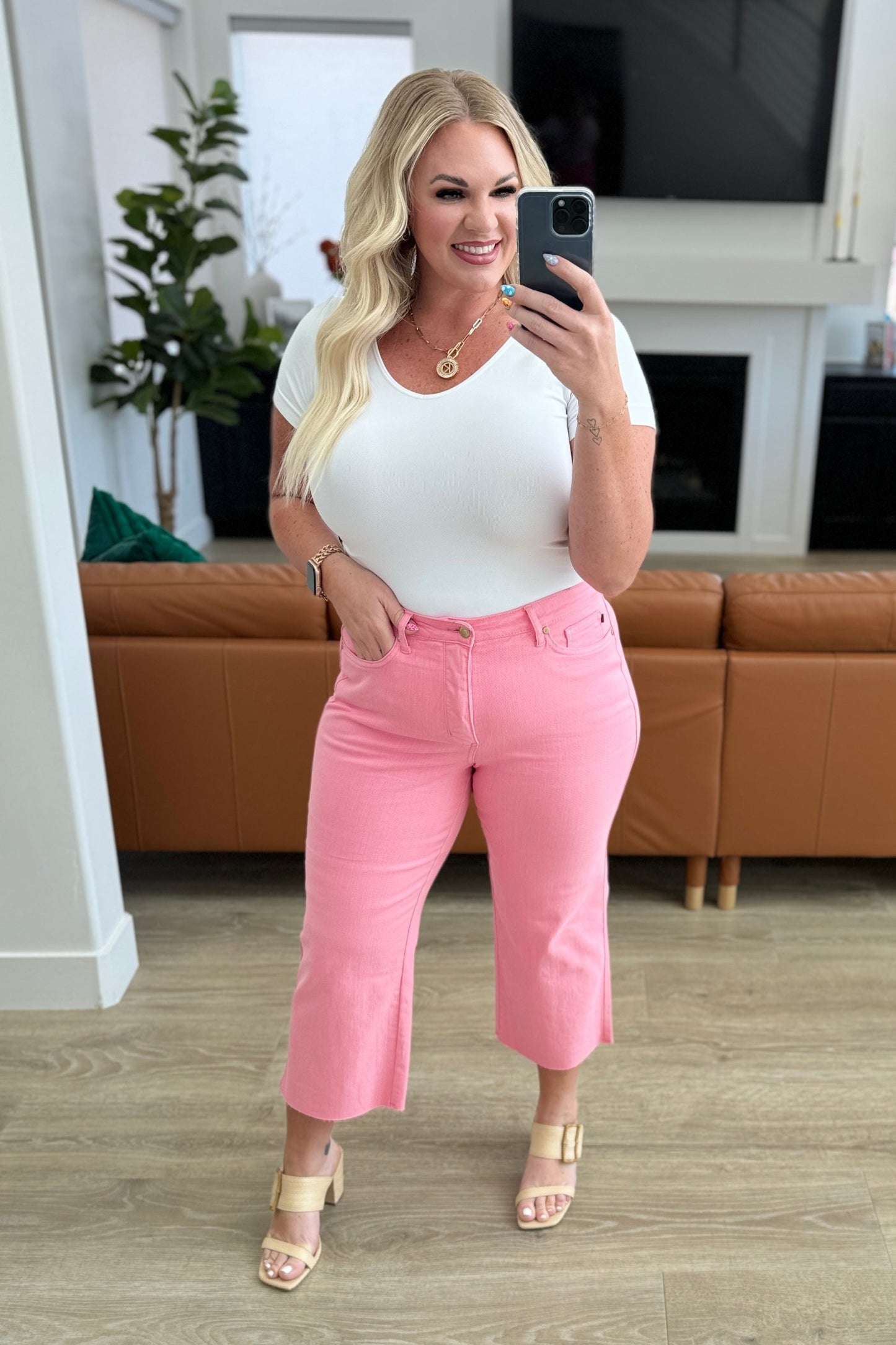 Lisa High Rise Tummy Control Wide Leg Crop Jeans in Pink