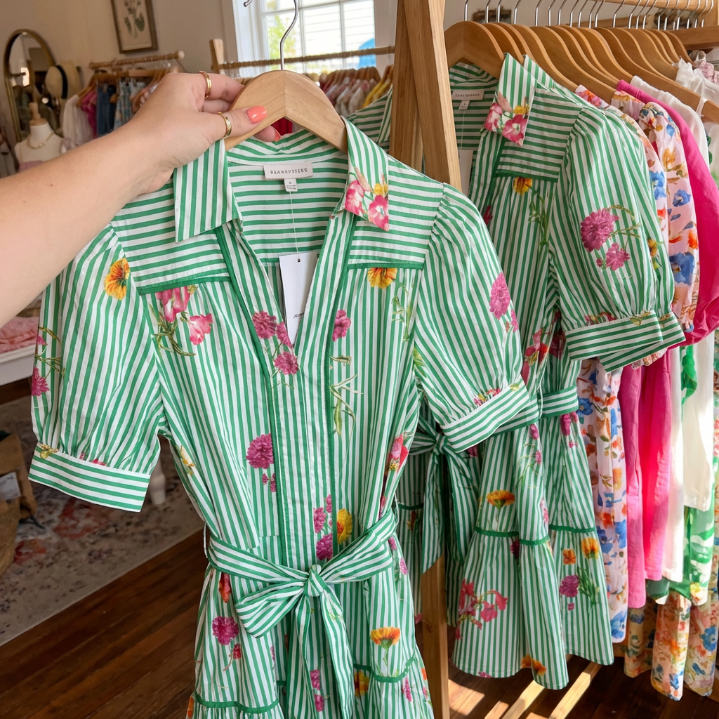 Green and white striped robe with floral patterns on a hanger, with more robes in the background.