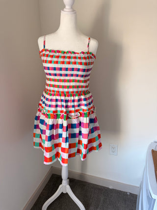 Multi Color Checkered Smocked Bodice Mini Dress