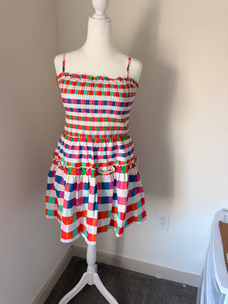 Multi Color Checkered Smocked Bodice Mini Dress
