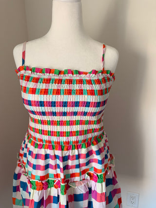 Multi Color Checkered Smocked Bodice Mini Dress