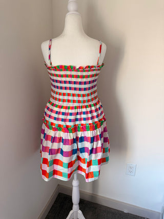 Multi Color Checkered Smocked Bodice Mini Dress