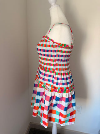 Multi Color Checkered Smocked Bodice Mini Dress