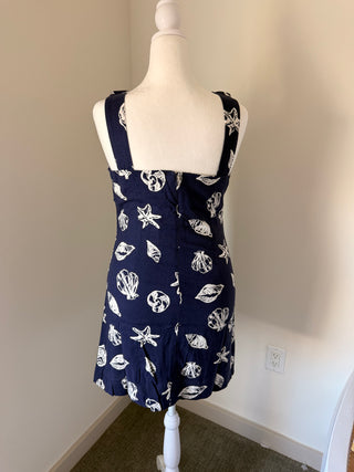 Seashell Motif Square Neck Linen Blend Mini Dress