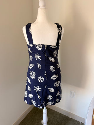 Seashell Motif Square Neck Linen Blend Mini Dress