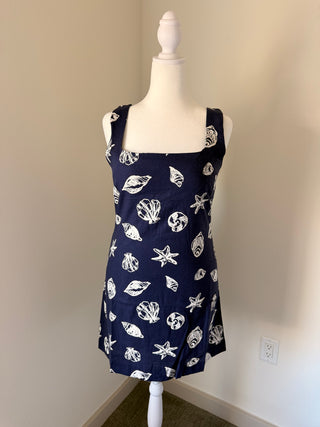 Seashell Motif Square Neck Linen Blend Mini Dress