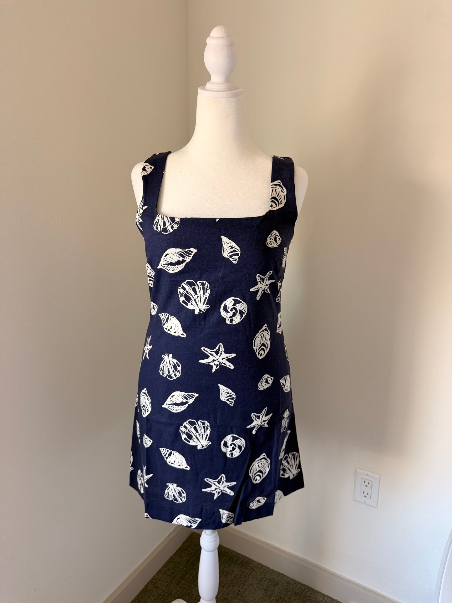Seashell Motif Square Neck Linen Blend Mini Dress